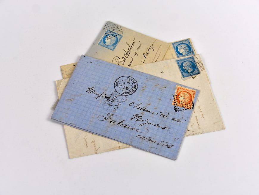 Vintage French Postcards With Antique Postage Stamps And Handwritten Script