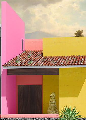 Colorful Pink and Yellow House with Terracotta Roof