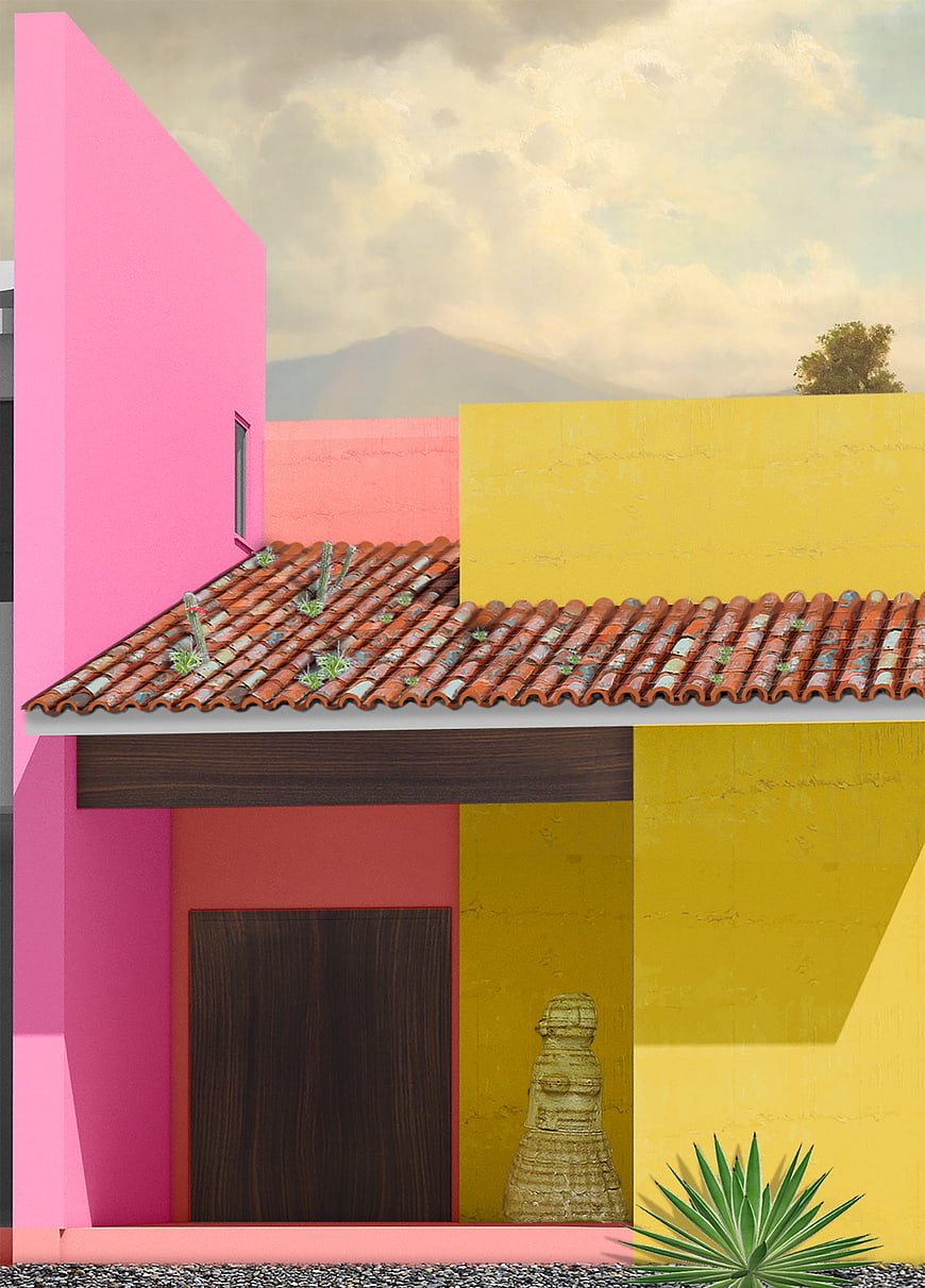 Colorful Pink and Yellow House with Terracotta Roof