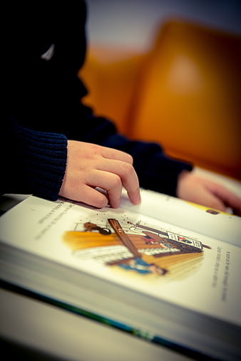 Child Reading Illustrated Book with Finger Tracing Text