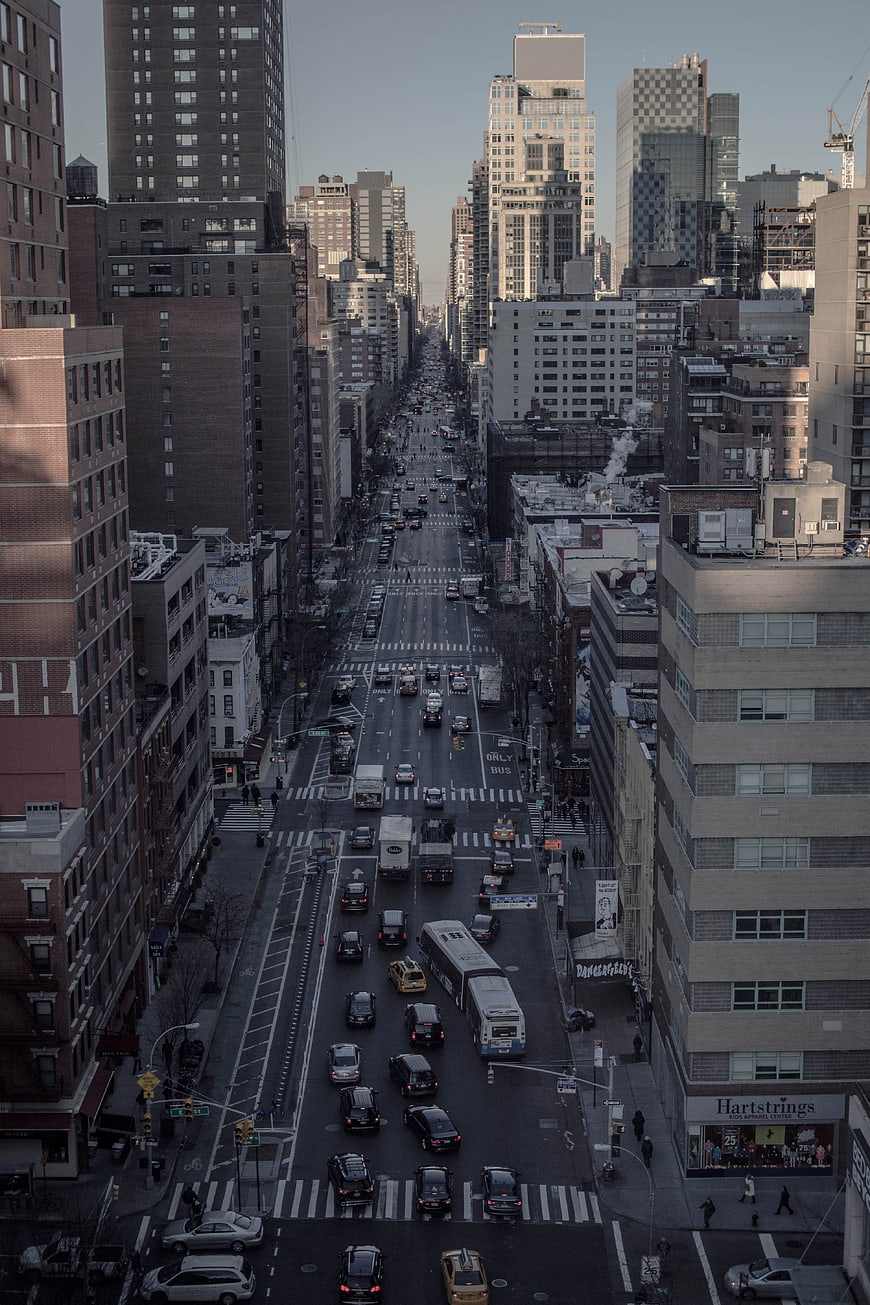 High Angle View of Busy City Street Traffic