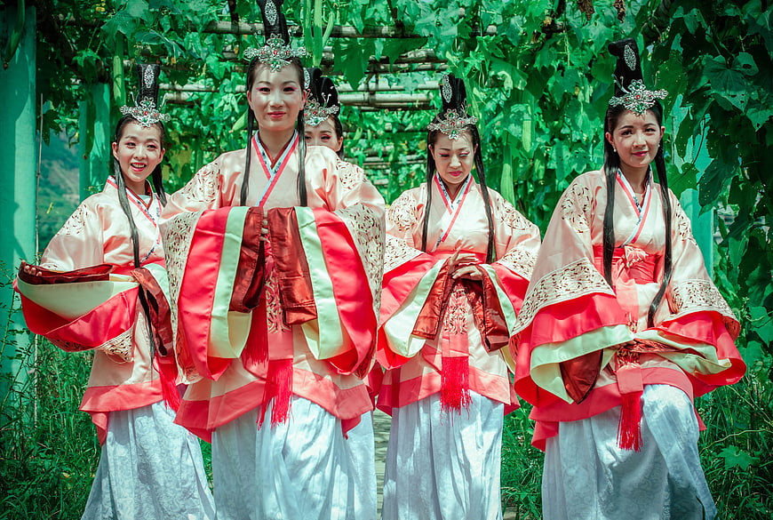 Group of women in traditional Chinese Hanfu costumes