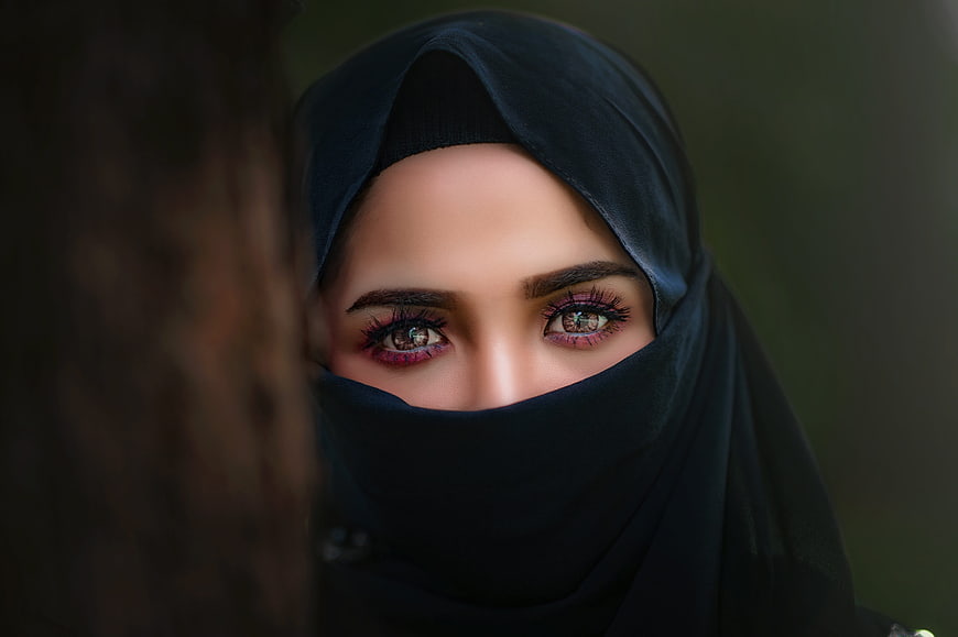 Close-up portrait of woman in black niqab with striking eyes