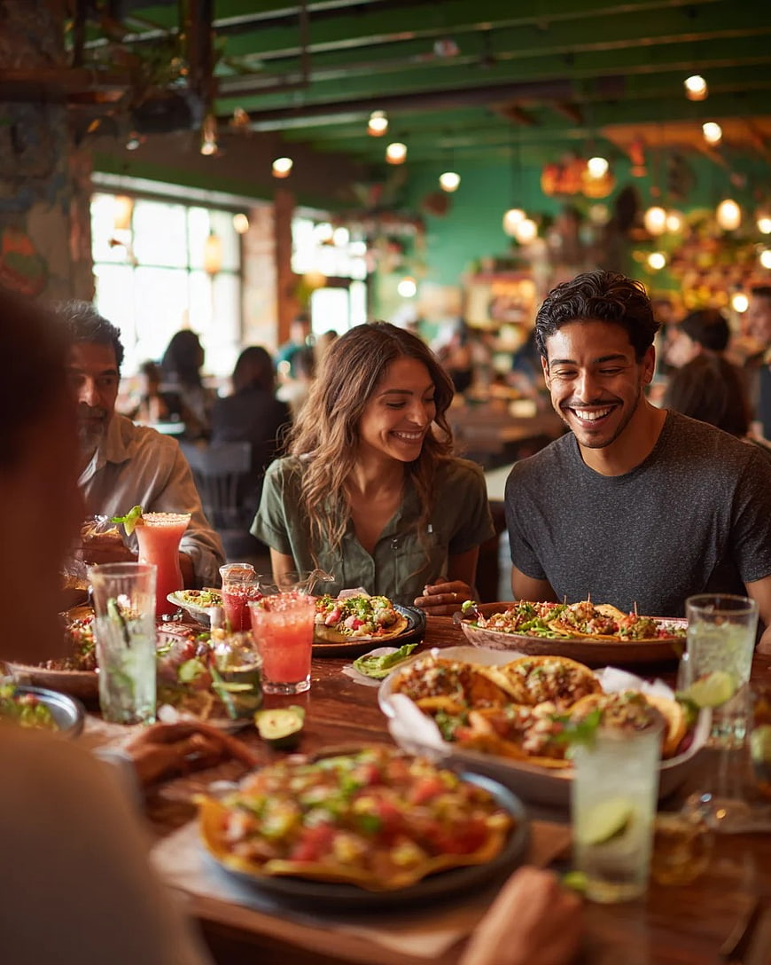 Friends Enjoying Tacos and Cocktails at a Lively Restaurant