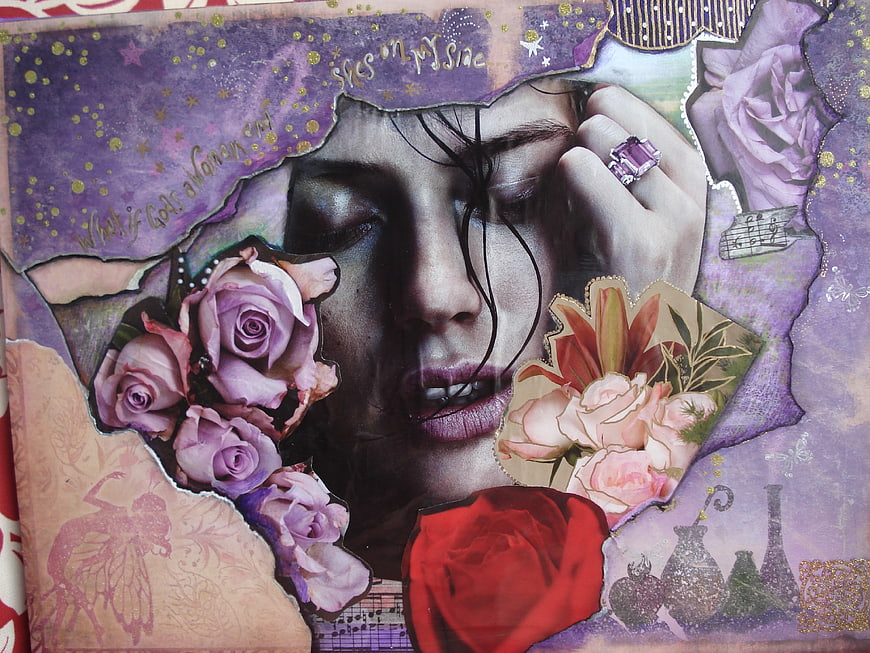Mixed Media Collage Art Featuring Woman Portrait, Roses, and Fantasy Elements
