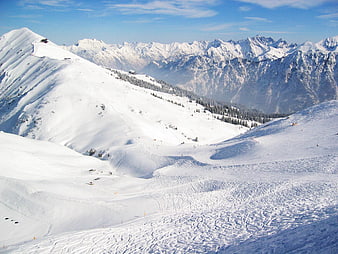 Panoramic View of Snowy Alpine Ski Slopes and Peaks