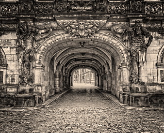 Historic Sandstone Archway Passage In Dresden Old Town