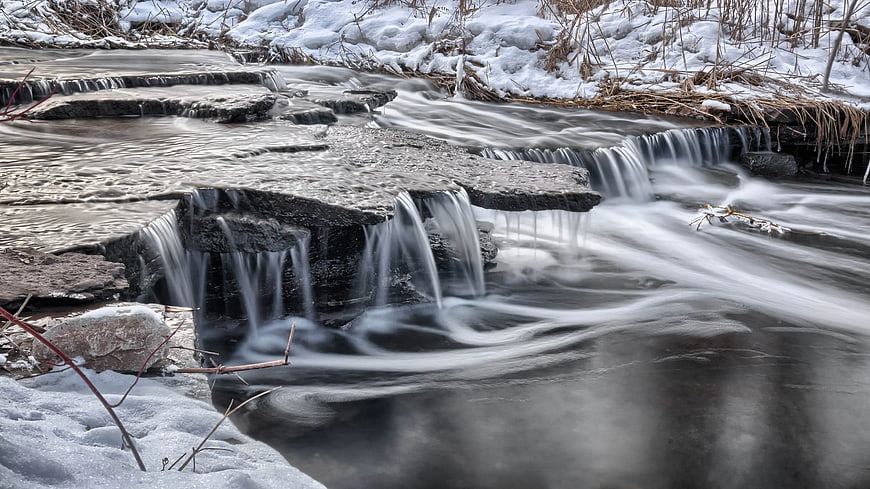 Long Exposure Winter Stream Flowing Over Rocks