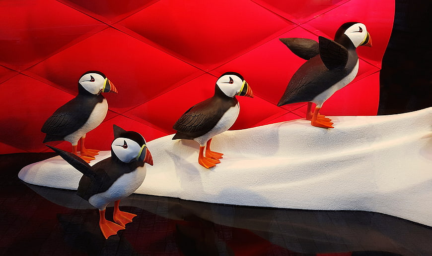 Colorful Puffin Figurines on White Display Against Red Background
