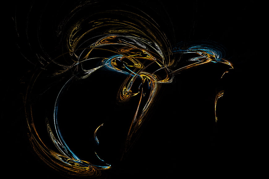 Abstract fractal art of a bird with worm in gold and blue