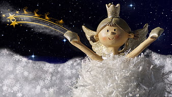 Christmas Angel Figurine Pulling Sleigh Through Starry Night Sky