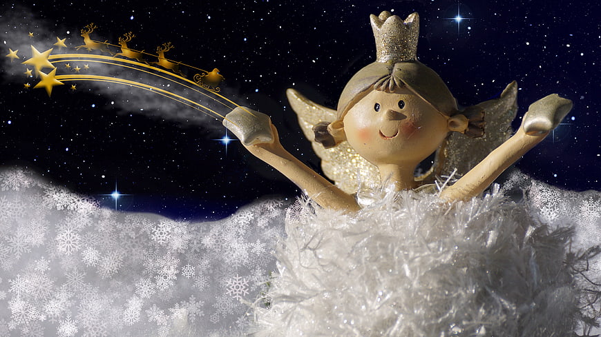 Christmas Angel Figurine Pulling Sleigh Through Starry Night Sky