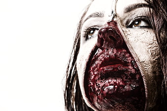 Halloween Horror Woman Face With Zipper Makeup And Blood