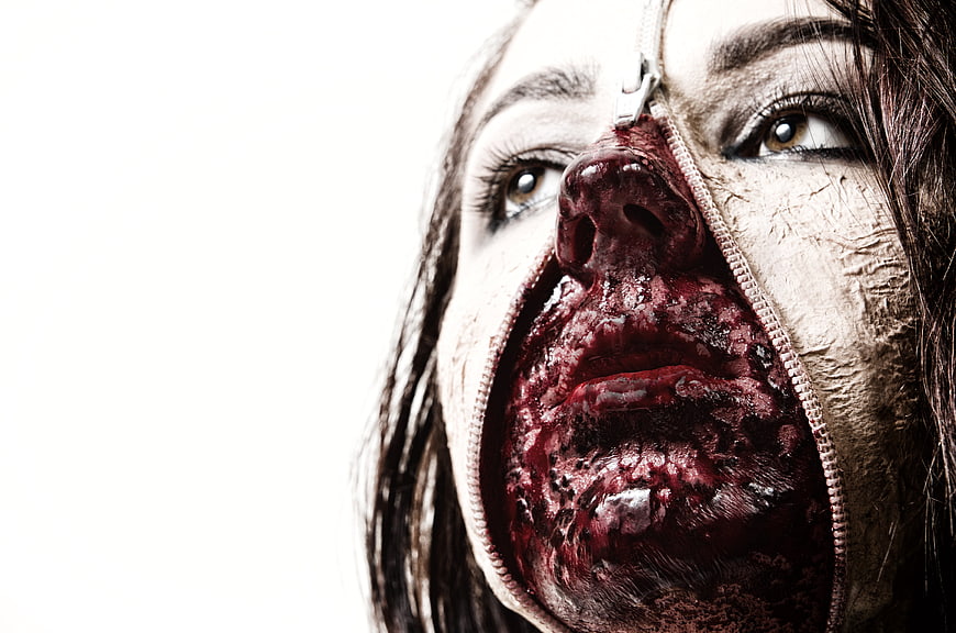 Halloween Horror Woman Face With Zipper Makeup And Blood