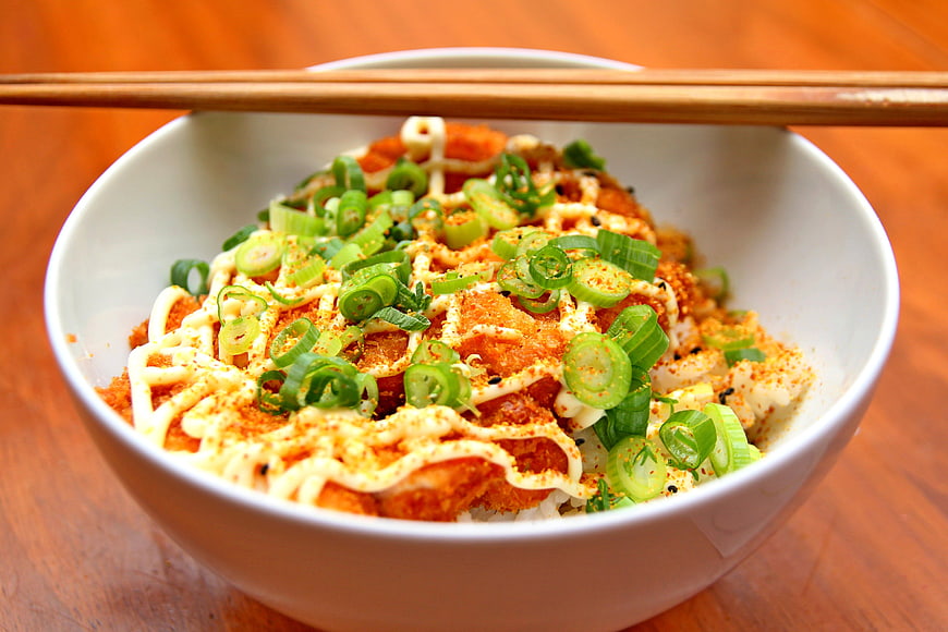 Japanese Katsu Curry Rice Bowl with Mayo and Green Onions
