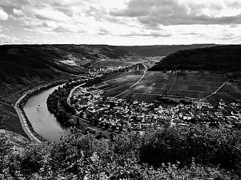 Black and white aerial view of Moselle river valley with vineyards