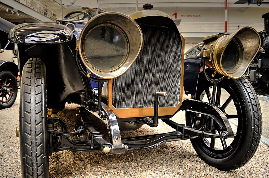 Vintage Benz 16/40 automobile front view with brass headlights