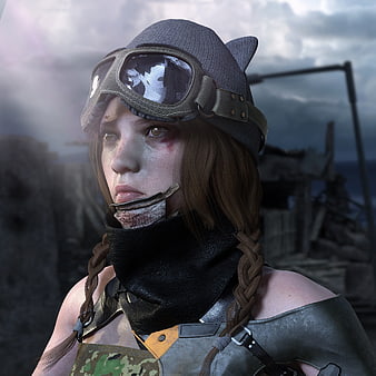 Apocalyptic Woman Portrait With Goggles And Injuries