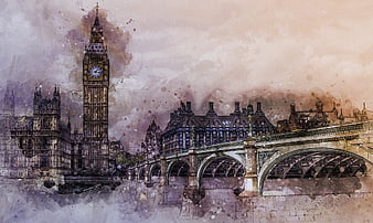 Watercolor Art of Big Ben and Westminster Bridge London