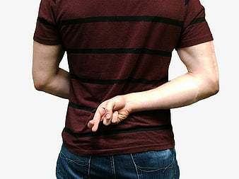 Man with hands behind back in maroon striped t-shirt
