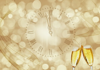 Champagne Glasses and Clock Face on Golden Bokeh Background