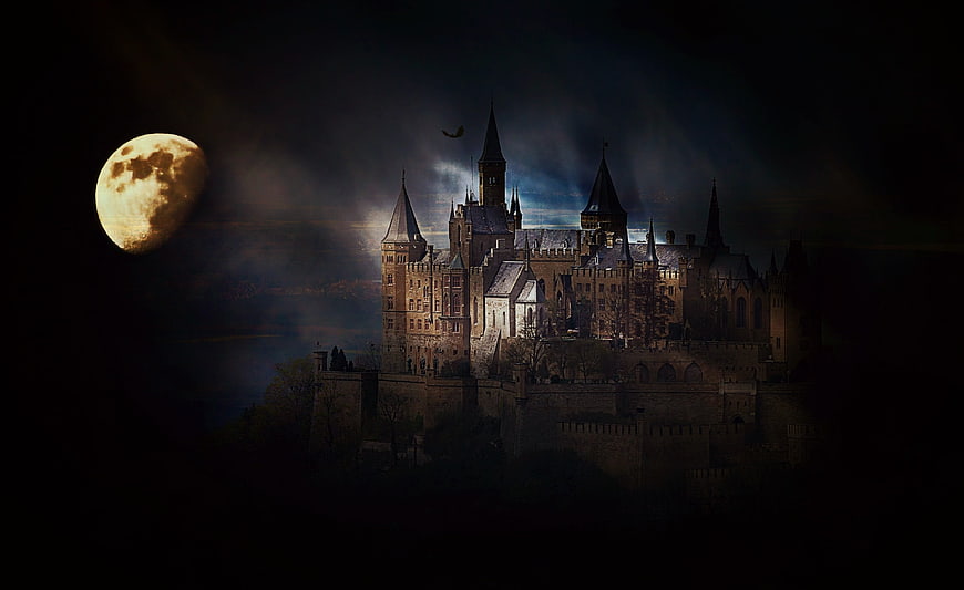 Mystical Hohenzollern Castle at Night with Giant Moon