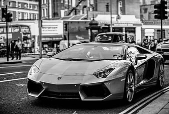 Black and white Lamborghini Aventador on city street
