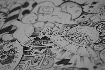 Detailed black and white ink doodle sketch on lined paper