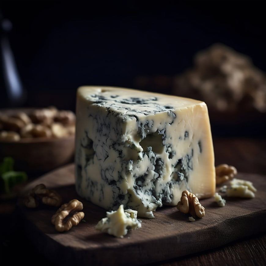 Artisan Blue Cheese Wedge with Walnuts on Wooden Board