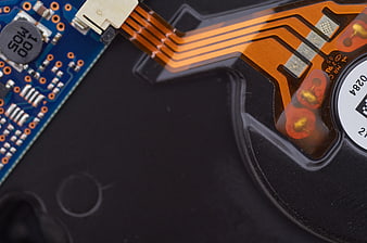 Macro shot of electronic circuit board and flexible ribbon cable