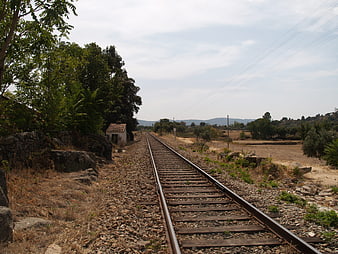 Rural train tracks stretching into the distance through countryside