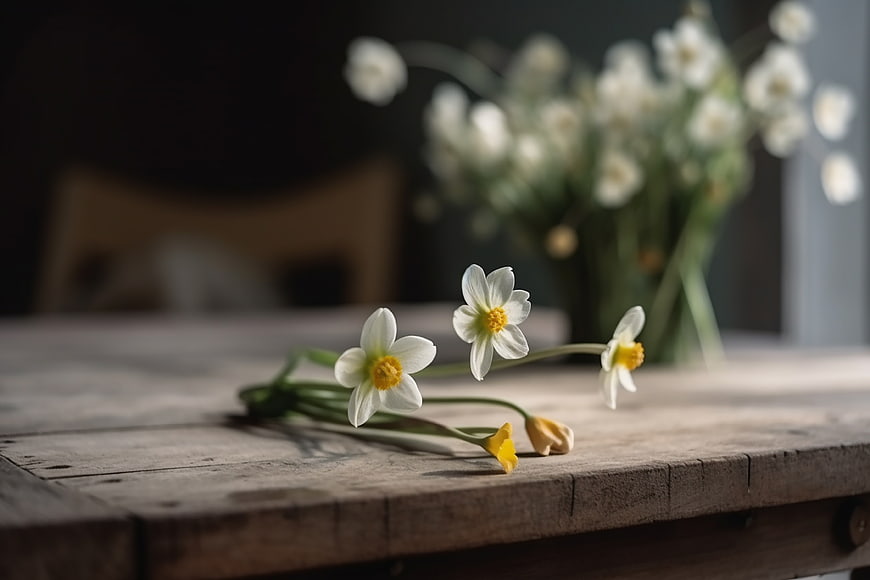 White Narcissus Flowers on Rustic Wooden Table