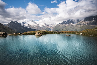 Serene Alpine Lake with Snow-Capped Mountains and Glaciers