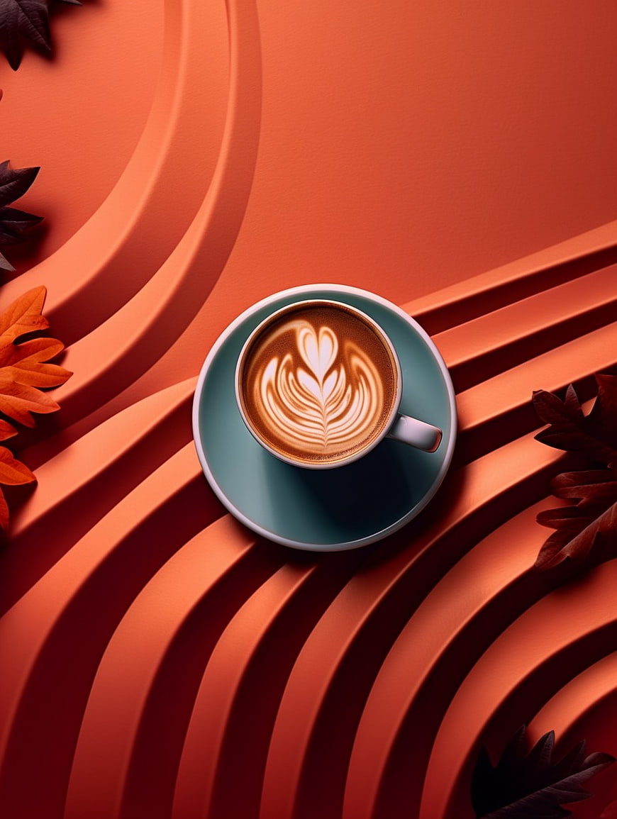 Top View of Latte Art Coffee Cup on Orange Abstract Background