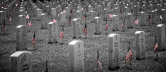 Rows of white headstones with American flags in a military cemetery