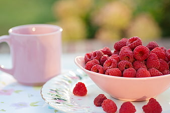 Fresh Raspberries in Pink Bowl with Mug