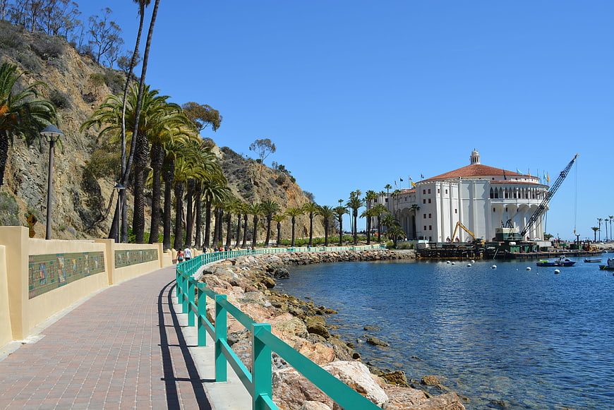 Palos Verdes Peninsula waterfront walkway with palm trees and white building