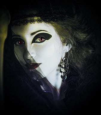 Gothic woman with pale makeup and red eyes in dark fantasy style