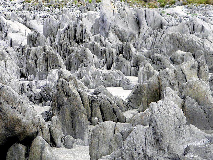 Dramatic jagged limestone karst formations in a natural landscape
