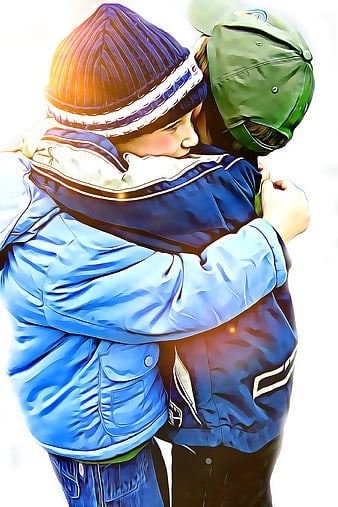 Digital Art Illustration of Two Children Embracing in Winter Jackets