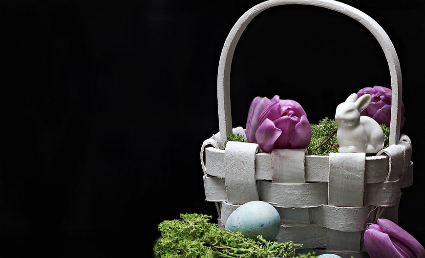White Easter Basket With Purple Tulips, Ceramic Bunny, And Blue Egg