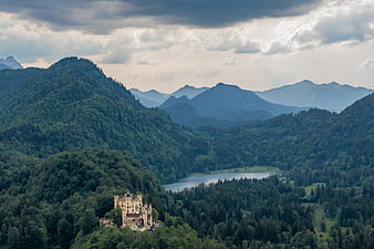 Hohenschwangau Castle Panorama in Bavarian Alps with Lake and Forest