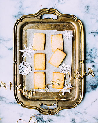 Vintage gold tray with shortbread cookies and snowflakes