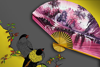 Abstract Asian Art Composition With Folding Fan And Birds