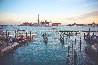 Gondolas on Venice Lagoon with San Giorgio Maggiore at Sunset