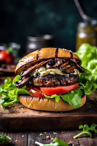 Gourmet grilled portobello mushroom burger with fresh lettuce and tomato