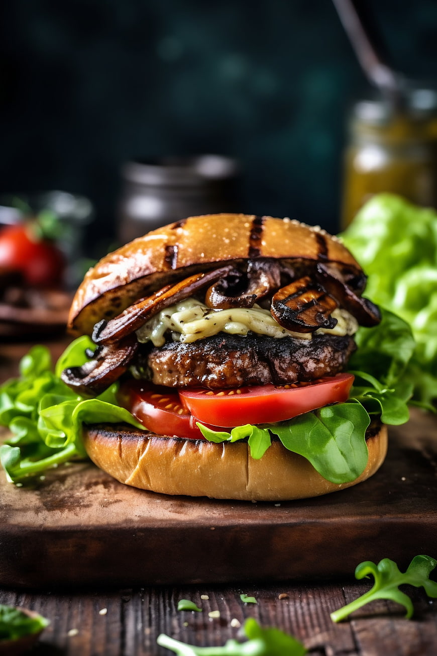 Gourmet grilled portobello mushroom burger with fresh lettuce and tomato