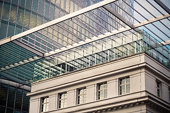 Low Angle View of Modern Glass and Stone Architecture