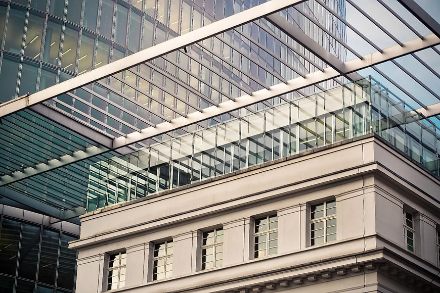 Low Angle View of Modern Glass and Stone Architecture