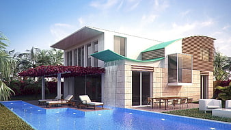 Modern Tropical Villa Exterior With Swimming Pool And Garden